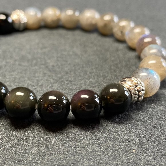 Natural Blue Flash Labradorite & Rainbow Obsidian Gemstone Healing Bead Bracelet - Picture 3 of 5